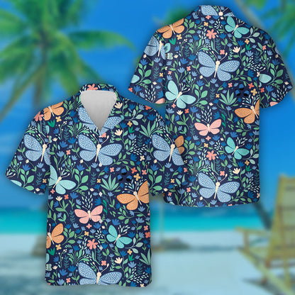 Butterflies And Flowers On Deep Blue Hawaiian Shirt, Hawaiian For Gift