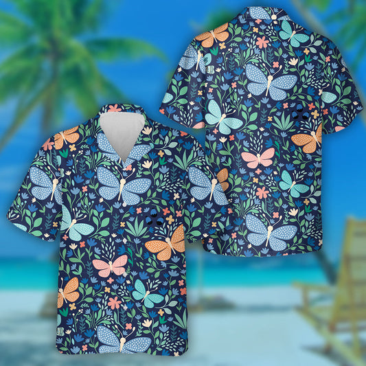 Butterflies And Flowers On Deep Blue Hawaiian Shirt, Hawaiian For Gift