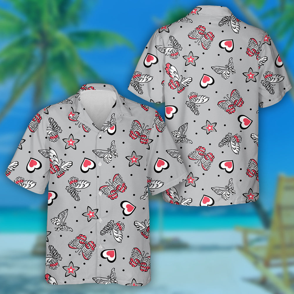 Hand Drawn Butterflies And Hearts With Dotted Stars Hawaiian Shirt, Hawaiian Shirt Gift, Christmas Gift