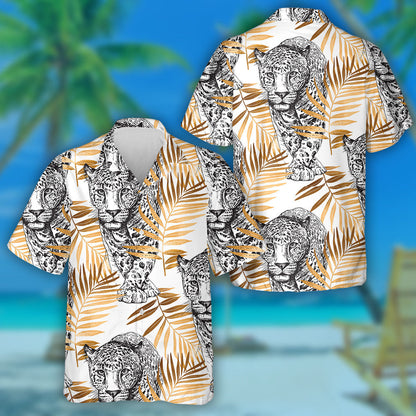 Sketch Of Walking Leopard In Gold Exotic Palm Leaves Hawaiian Shirt, Hawaiian Shirt Gift, Christmas Gift