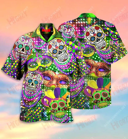 Mardi Gras Skulls Short Hawaiian Shirt Summer Aloha Shirt Tactical Hawaiian Shirt Hawaiian Shirt Pattern, Hawaiian Shirt Gift, Christmas Gift