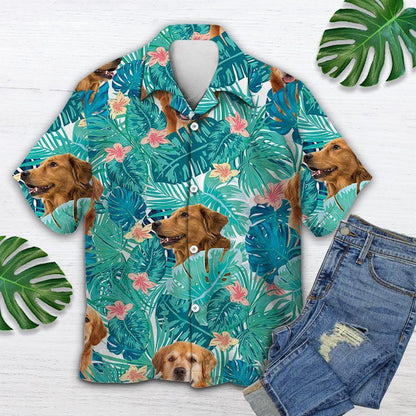 Tropical Golden Retriever Dog With Monstera Leafs Pattern Hawaiian Shirt, Hawaiian Shirt Gift, Christmas Gift