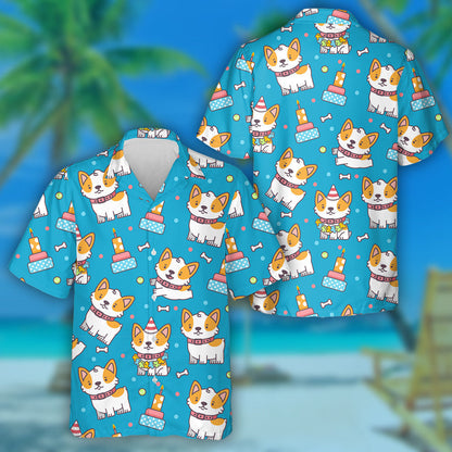 Cute Corgi And Cake Cartoon Background Hawaiian Shirt,Hawaiian Shirt Gift, Christmas Gift