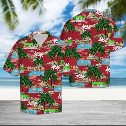 Summer Caravan Palm Island On Red Background Pattern Hawaiian Shirt, Hawaiian Shirt Gift, Christmas Gift