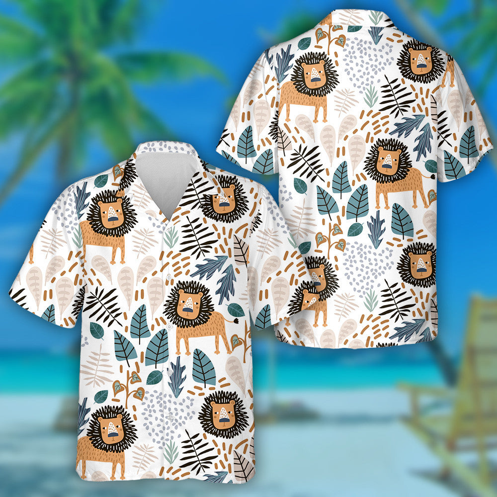 Sad Lion And Tropical Leaves On White Background Hawaiian Shirt, Hawaiian Shirt Gift, Christmas Gift