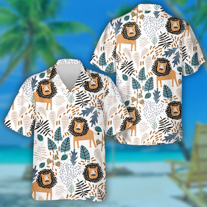 Sad Lion And Tropical Leaves On White Background Hawaiian Shirt, Hawaiian Shirt Gift, Christmas Gift