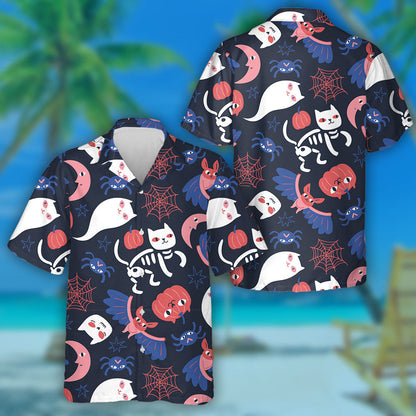 Cats And Ghosts On Navy Blue Background Hawaiian Shirt, Hawaiian Shirt Gift, Christmas Gift