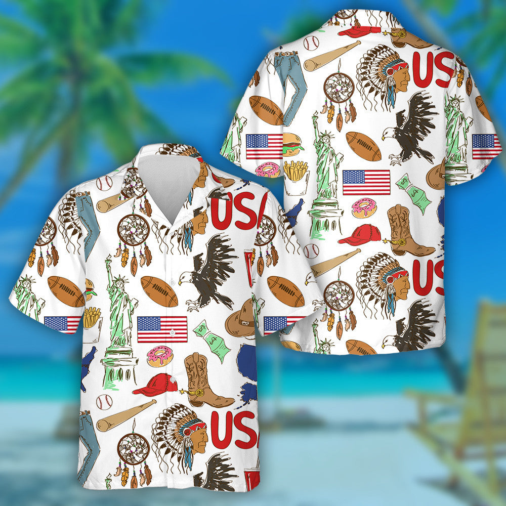 Fun Colorful Sketch America Symbolism On White Background Hawaiian Shirt, Hawaiian Shirt Gift, Christmas Gift