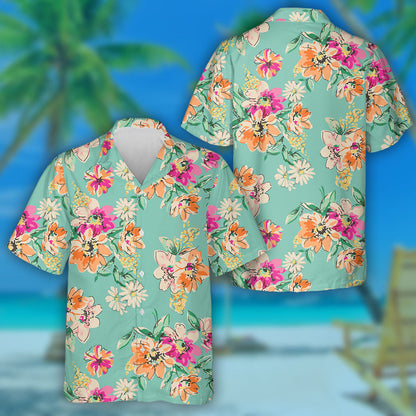 Sketched Beautiful Flower Branches On Turquoise Background Design Hawaiian Shirt, Hawaiian Shirt Gift, Christmas Gift