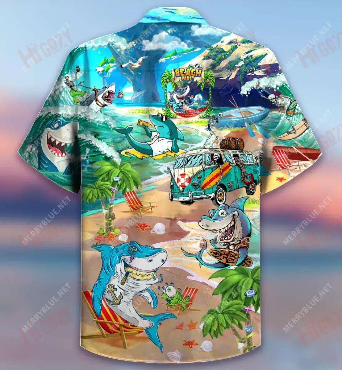 Sharks And Skeletons On Beach Party Short Hawaiian Shirt Summer Hawaiian T Shirts Hawaiian Crazy Shirts Crazy Shirts Hawaii, Hawaiian Shirt Gift, Christmas Gift