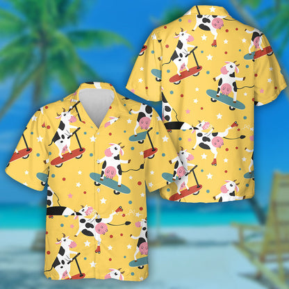 Hand Draw Cows On Skates And Kick Scooters Hawaiian Shirt, Hawaiian Shirt Gift, Christmas Gift