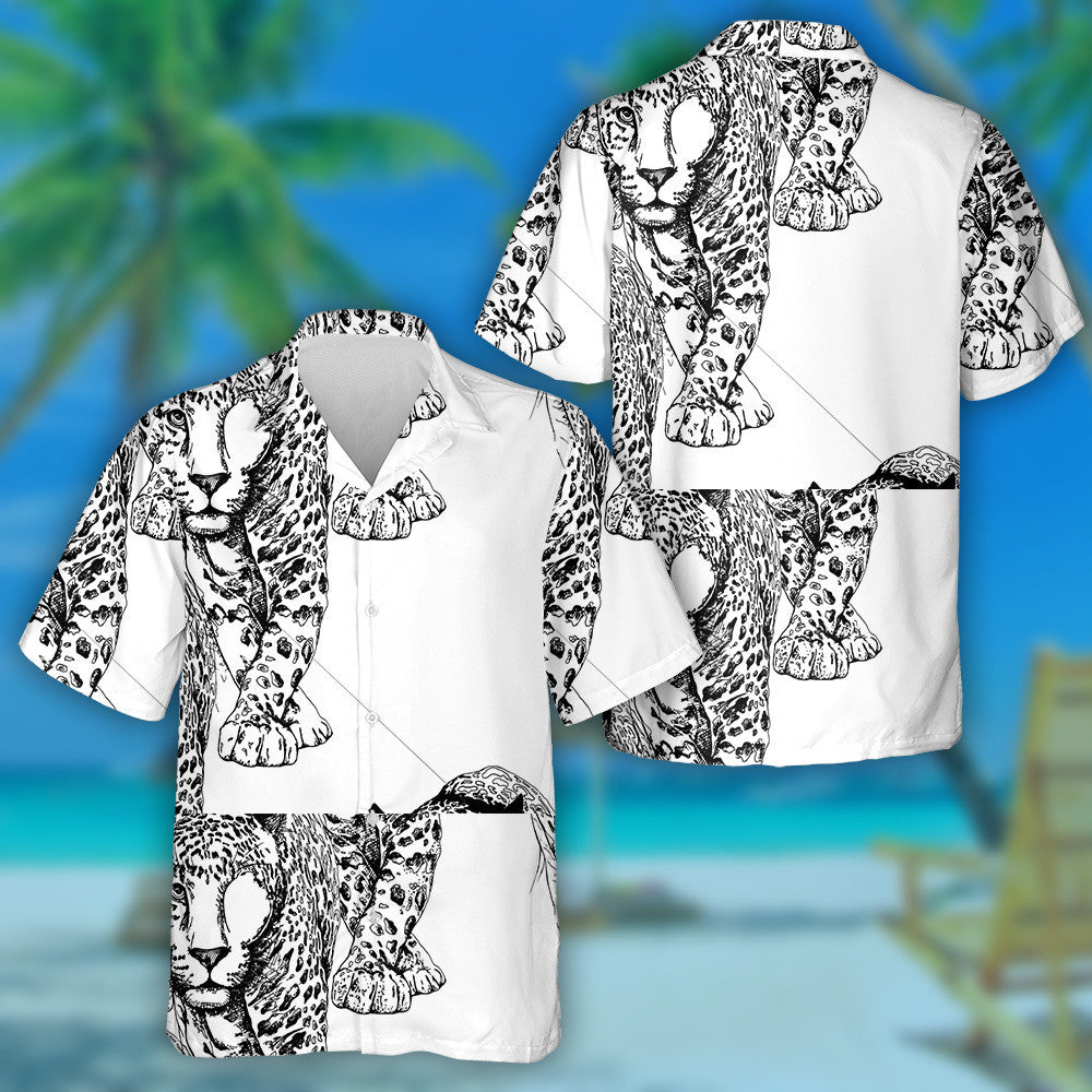 Sketch Of A Walking Leopard Black And White Illustration Hawaiian Shirt, Hawaiian Shirt Gift, Christmas Gift