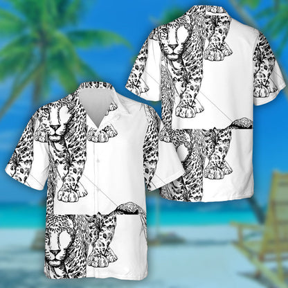 Sketch Of A Walking Leopard Black And White Illustration Hawaiian Shirt, Hawaiian Shirt Gift, Christmas Gift