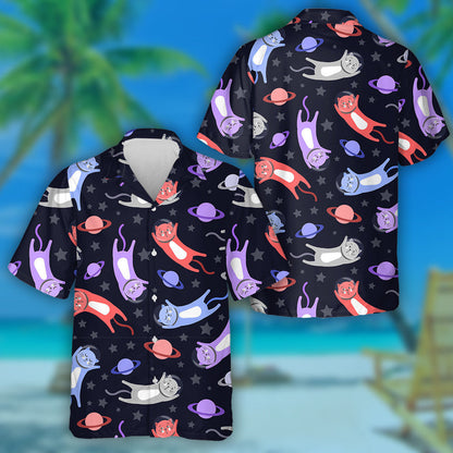 Cartoon Cats Astronauts Fly Among Planets And Stars Hawaiian Shirt, Hawaiian Shirt Gift, Christmas Gift