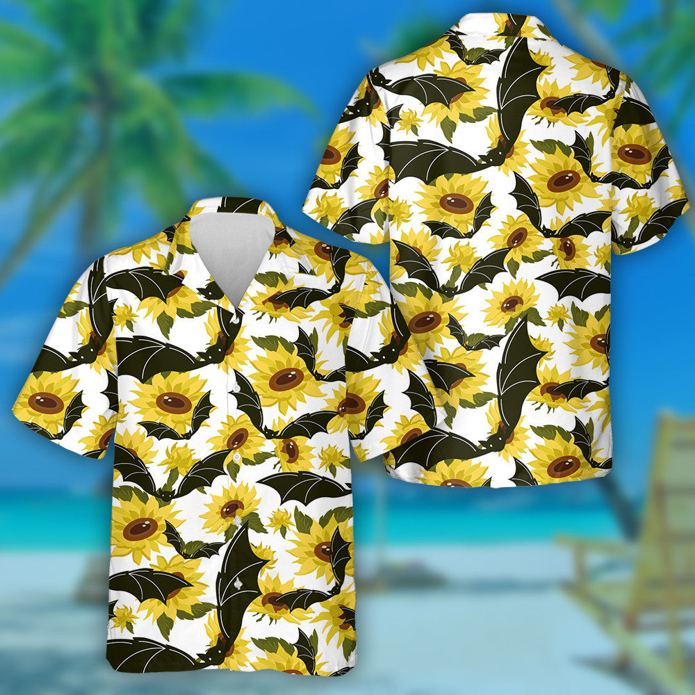 Halloween Black Bat And Yellow Sunflowers On White Background Hawaiian Shirt, Hawaiian Shirt Gift, Christmas Gift