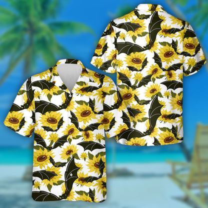 Halloween Black Bat And Yellow Sunflowers On White Background Hawaiian Shirt, Hawaiian Shirt Gift, Christmas Gift