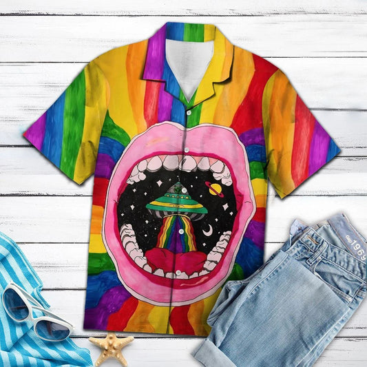 Ufo Alien Inside Pink Large Mouth Hawaiian Shirt, Hawaiian Shirt Gift, Christmas Gift