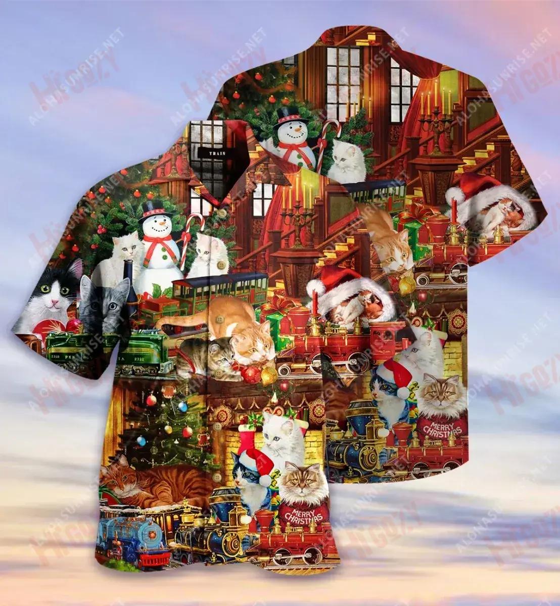 Cats With Toys Train Short Hawaiian Shirt Summer Tropical Shirts Tactical Hawaiian Shirt Funny Hawaiian Shirts, Hawaiian Shirt Gift, Christmas Gift