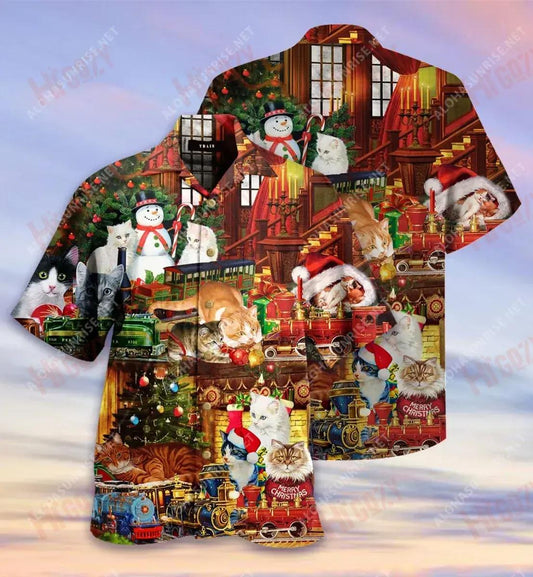 Cats With Toys Train Short Hawaiian Shirt Summer Tropical Shirts Tactical Hawaiian Shirt Funny Hawaiian Shirts, Hawaiian Shirt Gift, Christmas Gift