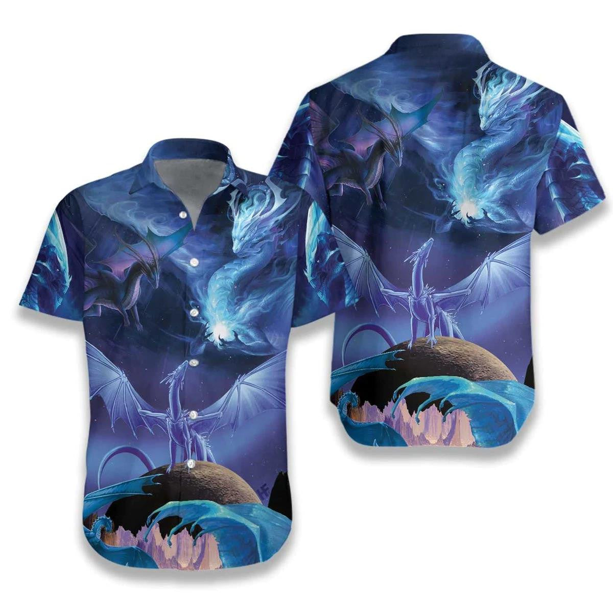 Blue Ice Dragons Art 3D All Over Printed Hawaiian Shirt, Hawaiian Shirt Gift, Christmas Gift