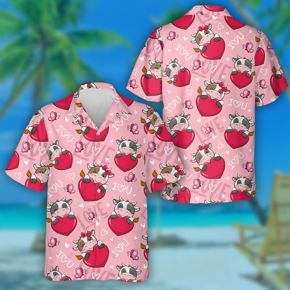 Cute Cartoon Valentine Love Cow And Big Heart Hawaiian Shirt, Hawaiian Shirt Gift, Christmas Gift