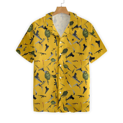 Gold Background Gun Military Gear Hawaiian Shirt,Hawaiian Shirt Gift, Christmas Gift