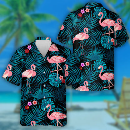 Blue Tropical Leaves Flamingo And Flowers Hawaiian Shirt, Hawaiian For Gift