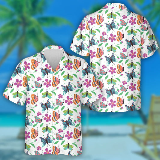 Bright Butterflies And Leaf With Flowers Hawaiian Shirt, Hawaiian For Gift