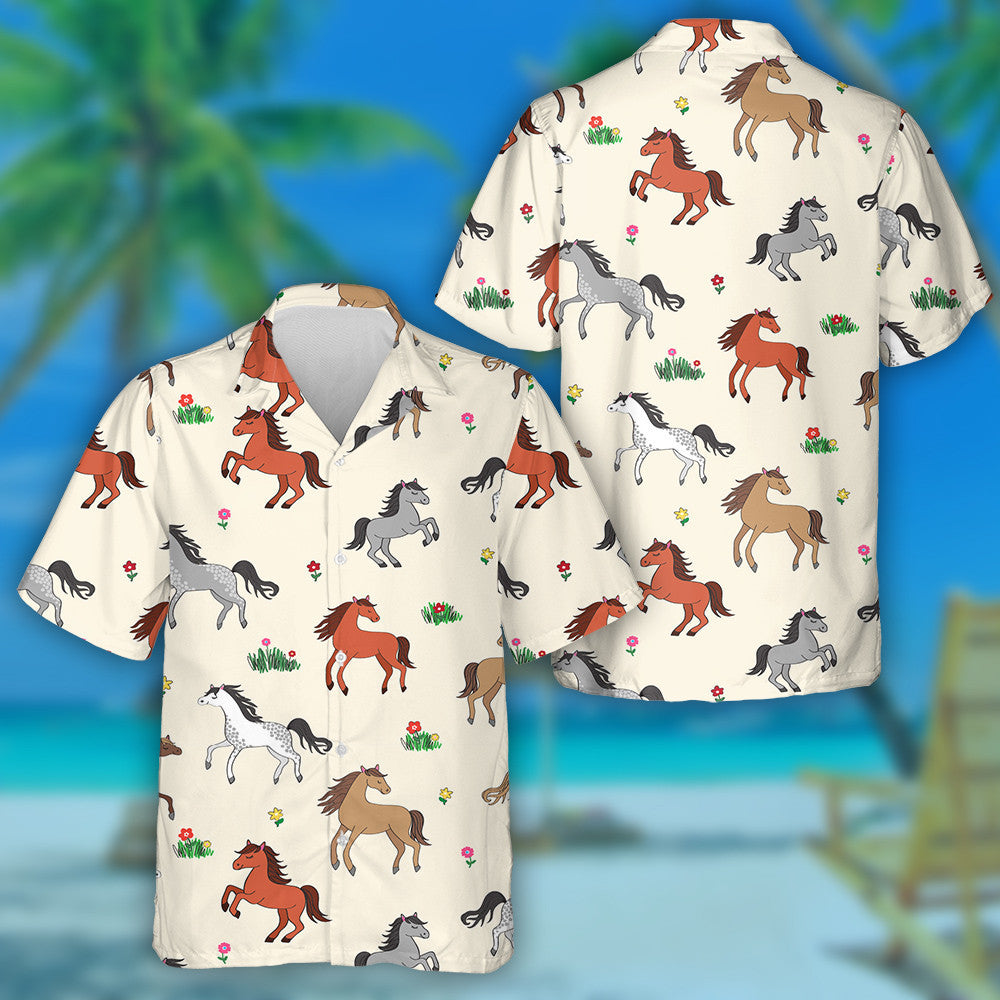 Beautiful Farm Countryside Different Breeds Horses Among Flowers Hawaiian Shirt, Hawaiian Shirt Gift, Christmas Gift