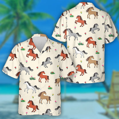 Beautiful Farm Countryside Different Breeds Horses Among Flowers Hawaiian Shirt, Hawaiian Shirt Gift, Christmas Gift