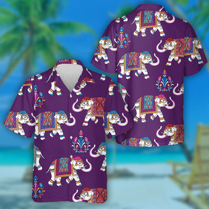 Funny Elephants And floral Elements On Violet Background Hawaiian Shirt, Hawaiian Shirt Gift, Christmas Gift