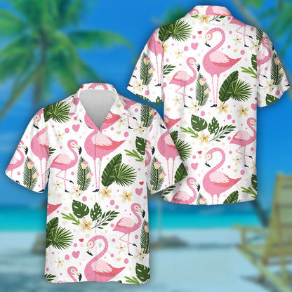 Mother And Baby Flamingo With Tropic Palm And Flowers Hawaiian Shirt, Hawaiian Shirt Gift, Christmas Gift