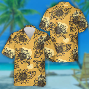 Abstract Geometric Outline Sunflowers And Leaves Pattern Hawaiian Shirt, Hawaiian Shirt Gift, Christmas Gift