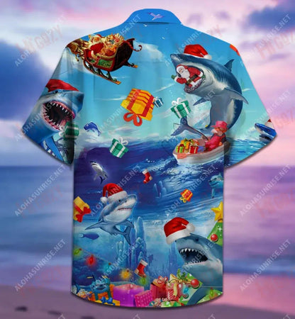 Santa Shark Christmas Unisex Short Hawaiian Shirt Ocean Hawaiian T Shirts Best Hawaiian Shirts Hawaiian Shirts For Women, Hawaiian Shirt Gift, Christmas Gift