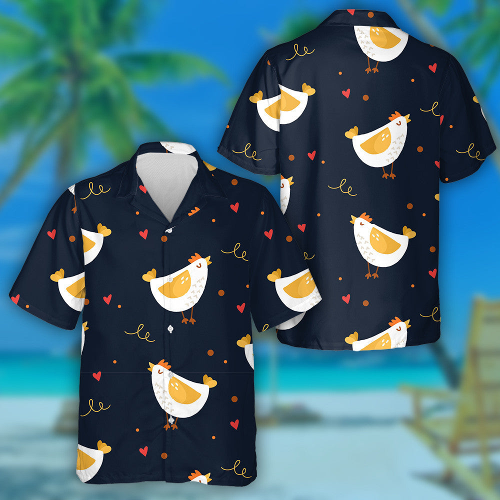 Cute Cartoon Chicken And Hearts On Black Background Hawaiian Shirt, Hawaiian Shirt Gift, Christmas Gift
