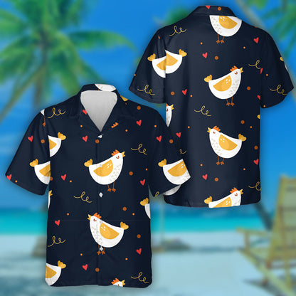 Cute Cartoon Chicken And Hearts On Black Background Hawaiian Shirt, Hawaiian Shirt Gift, Christmas Gift