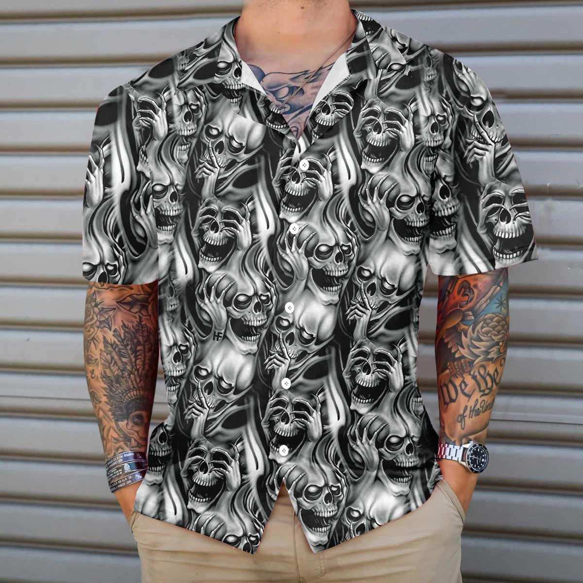 Horror Black And White Skull Day Of The Dead Hawaiian Shirt, Hawaiian Shirt Gift, Christmas Gift