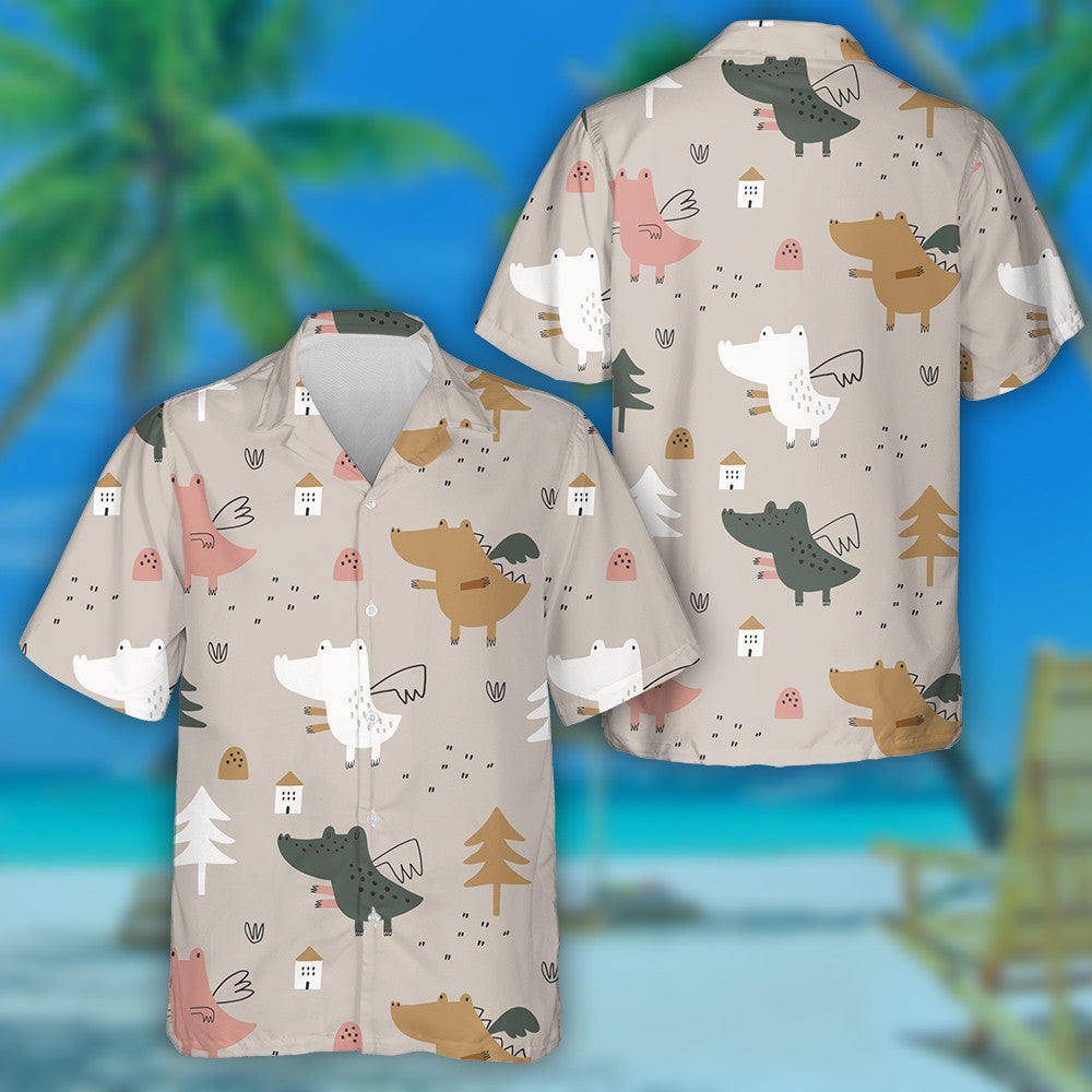 Cute Baby Dragons On Beige Background Hawaiian Shirt,Hawaiian Shirt Gift, Christmas Gift