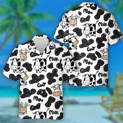 Cartoon Cow With Moo Milk Black And White Hawaiian Shirt, Hawaiian Shirt Gift, Christmas Gift
