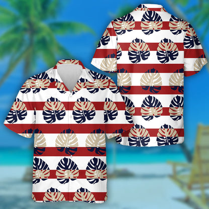 Tropical Monstera Leaf Pattern On Red Stripe Background Hawaiian Shirt, Hawaiian Shirt Gift, Christmas Gift