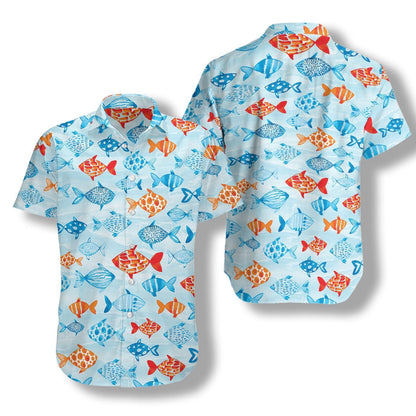 Hand Drawn Colored Fish Water Pattern Design Hawaiian Shirt, Hawaiian Shirt Gift, Christmas Gift