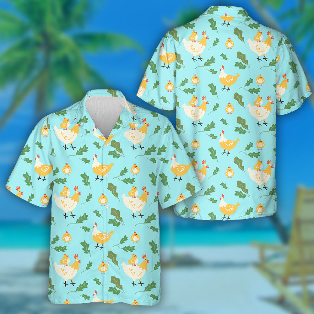 Cute Chickens Hens And Plants On Blue Background Hawaiian Shirt, Hawaiian Shirt Gift, Christmas Gift
