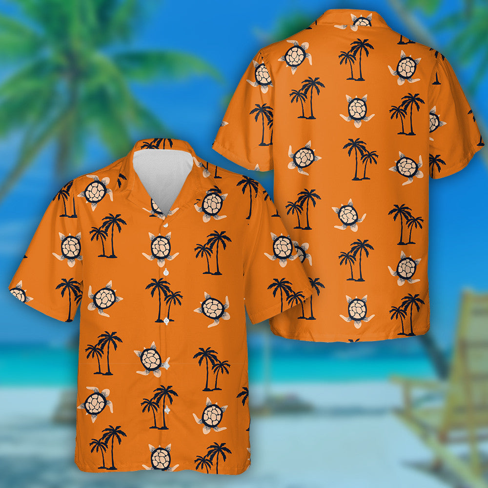Palmen und Schildkröten auf orange tropischem Hintergrund Hawaiihemd, Hawaiihemd Geschenk, Weihnachtsgeschenk