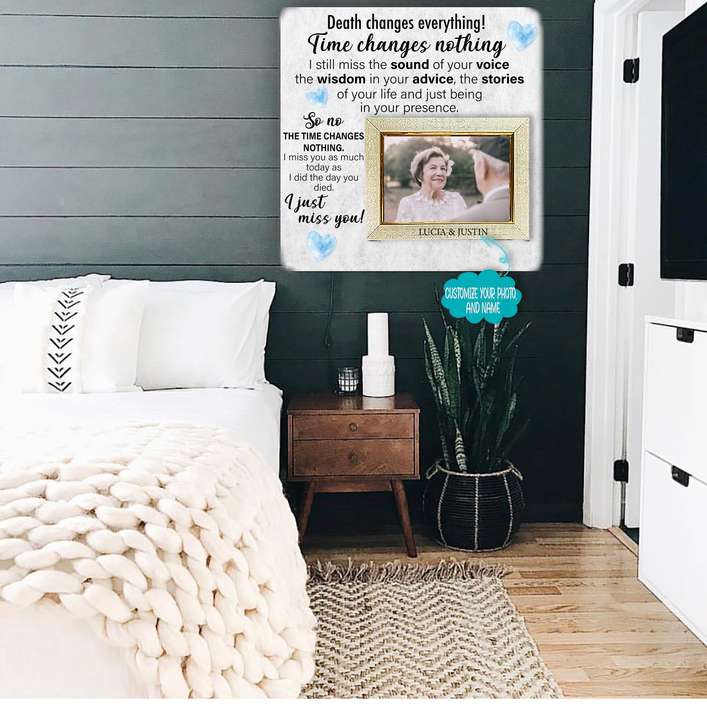 Death changes everything, time changes nothing Memorial Picture Frame - Keepsake Plaque That Holds a custom Photo - Sympathy Gift to Tribute The Loss of a Loved One