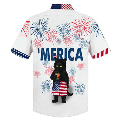 Black Cat Drink Bourbon Design Hawaiian Shirt, Hawaiian For Gift