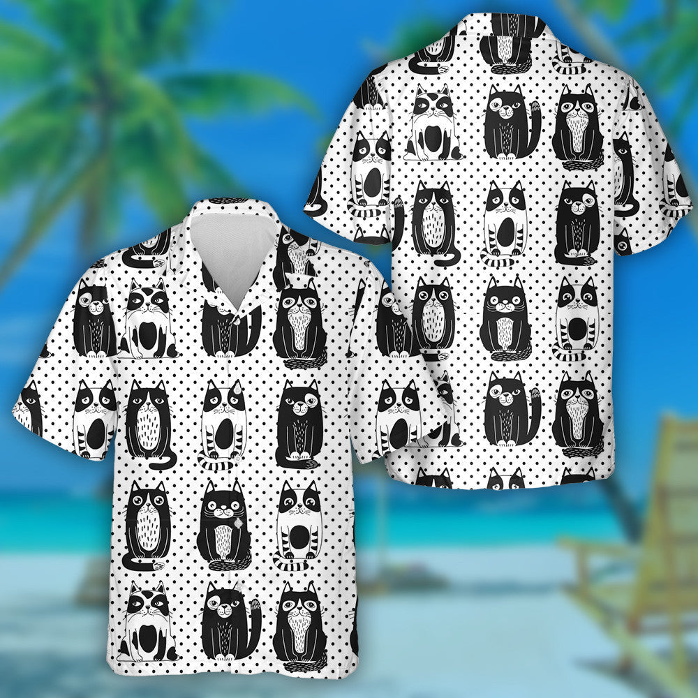 Blacks And White Cats On Black Dots Background Hawaiian Shirt, Hawaiian Shirt Gift, Christmas Gift
