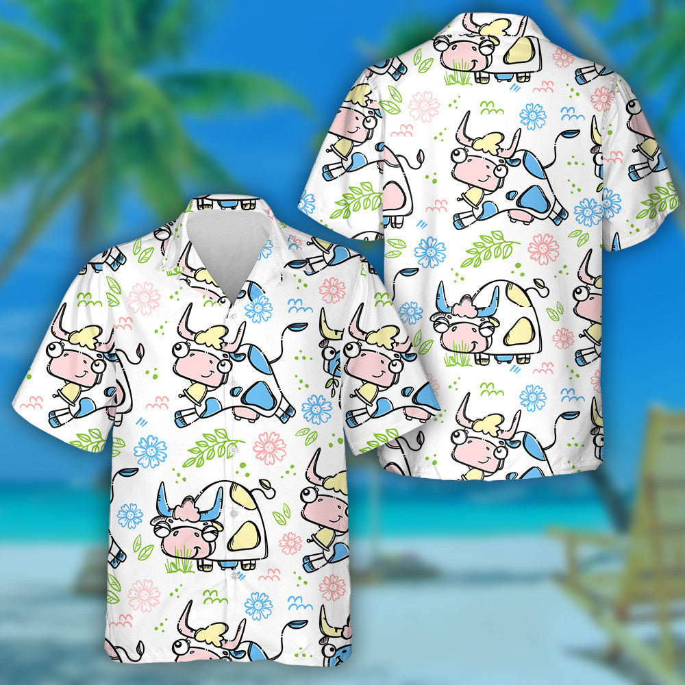 Silhouettes Of Cows And Flowers On White Hawaiian Shirt,Hawaiian Shirt Gift, Christmas Gift