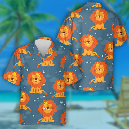 Sitting Cute Lion With Crown On Dark Blue Background Hawaiian Shirt, Hawaiian Shirt Gift, Christmas Gift