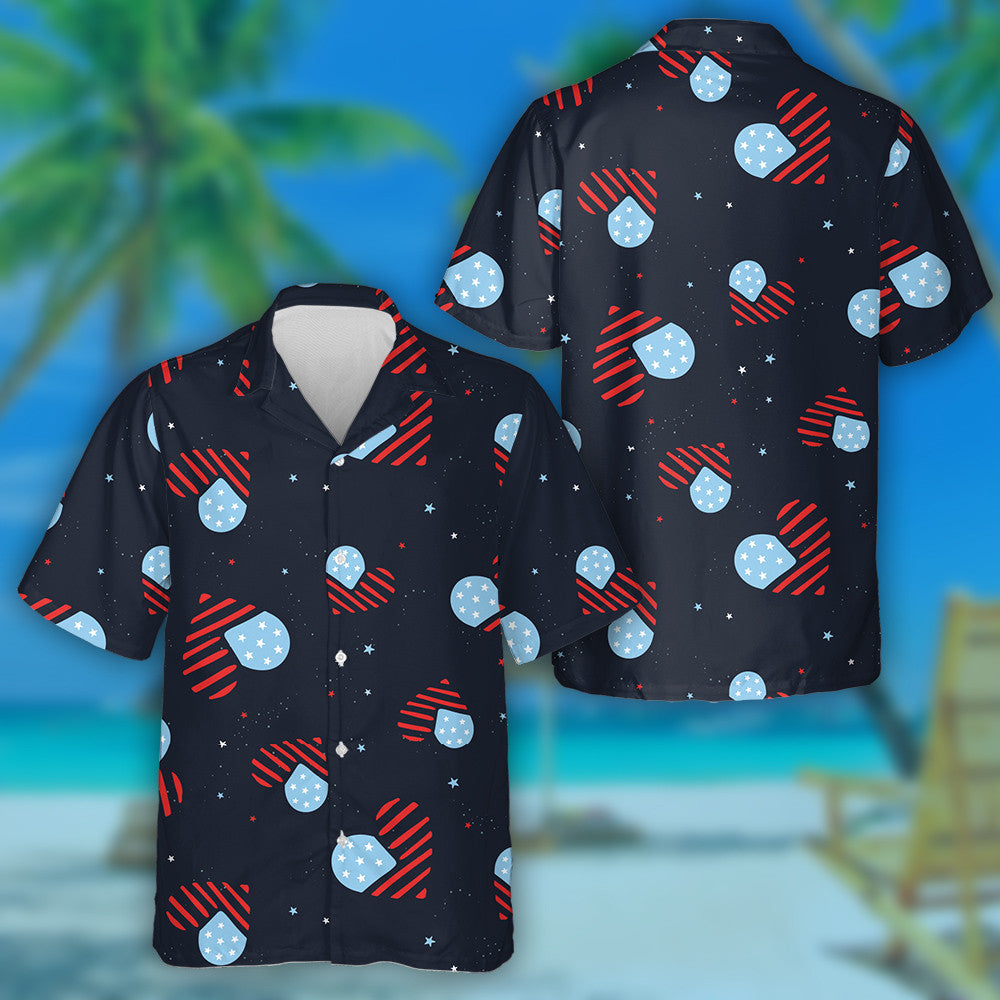 Cute Hand Drawn Patriotic US Flag Heart Pattern Hawaiian Shirt, Hawaiian Shirt Gift, Christmas Gift