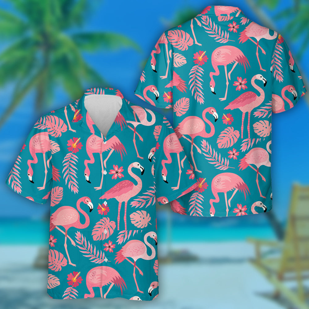 Rosa Flamingos in verschiedenen Posen mit tropischen Blättern Hawaiihemd, Hawaiihemd Geschenk, Weihnachtsgeschenk